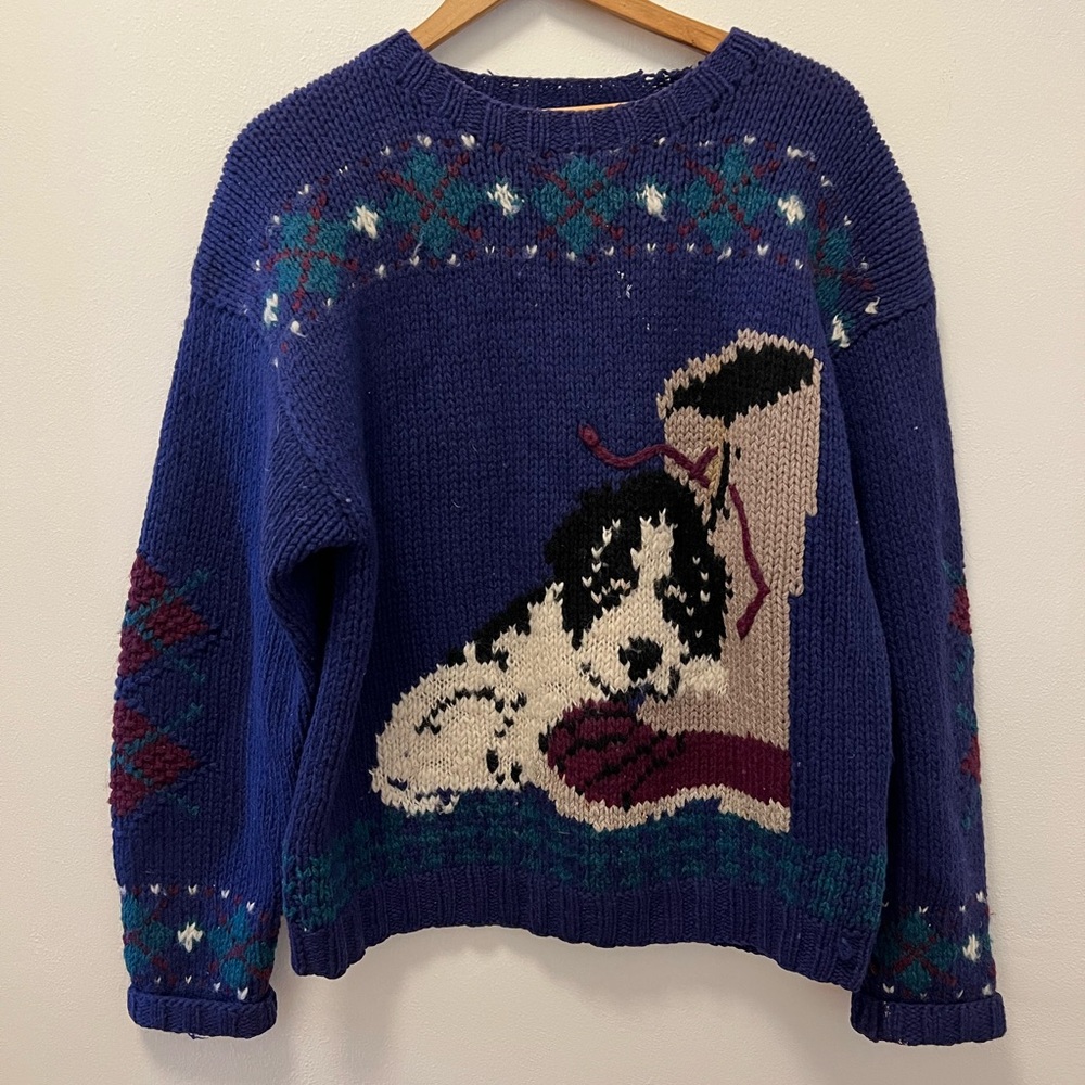 Woolrich Vintage Women's Large Blue 100% Wool Sweater Dogs and Boot